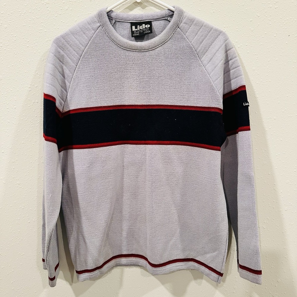 Vintage Lido Of California Gray Wool Ski Sweater Men Red/Navy Stripe Retro Large
